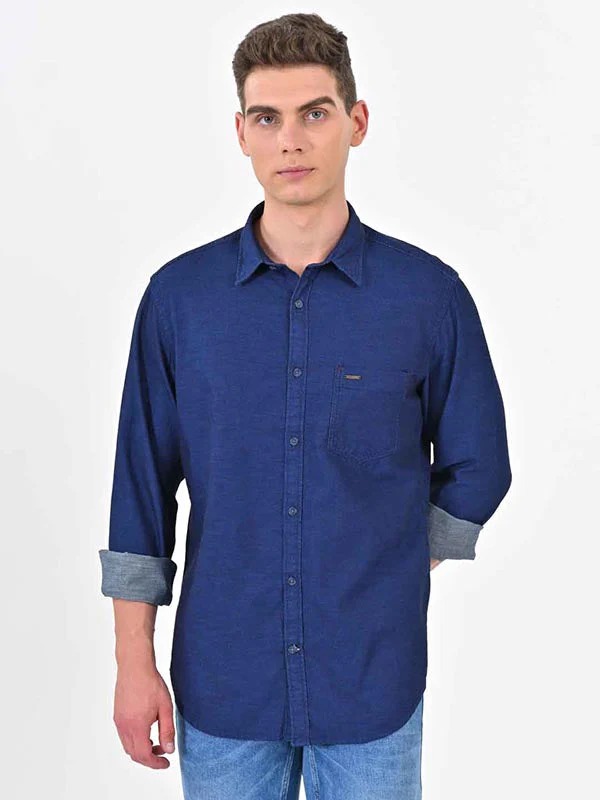 Indian Terrain Men's Regular Fit Full Sleeve Solid Dark Blue Shirt